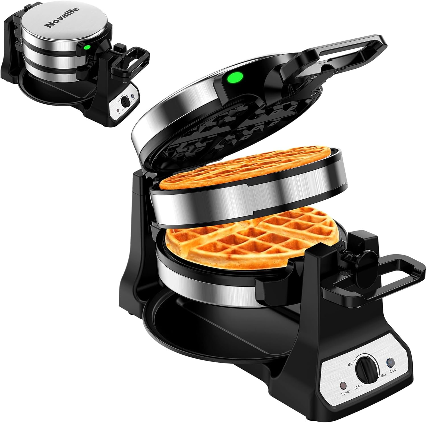 Waffle Maker, 1400W Belgian Waffle Maker, Double Waffle Iron 180° Flip, Rotating Nonstick Plates, Adjustable Browning Control, Locking Buckle & Cool Touch Handle, Removable Drip Tray, Stainless Steel