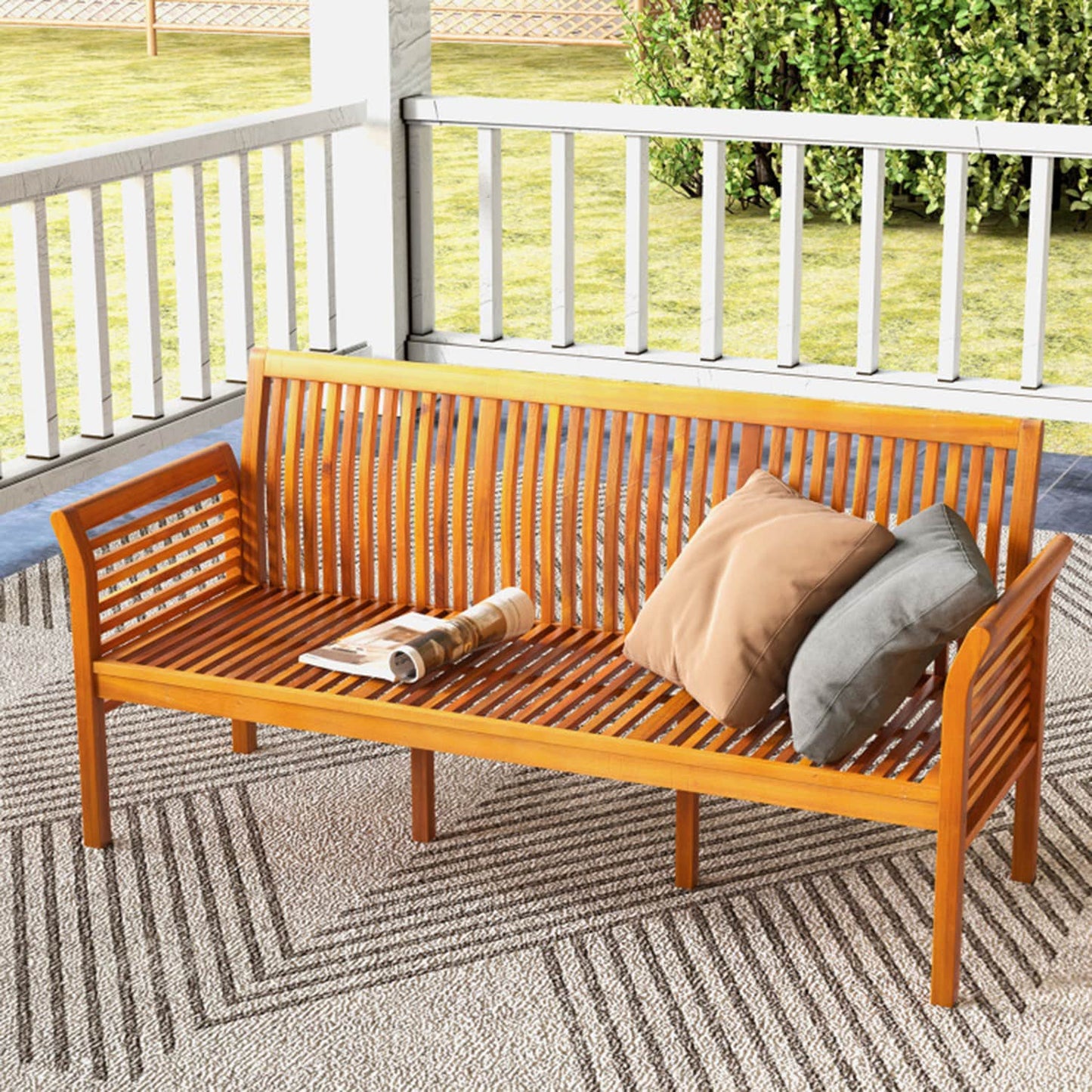 Mondawe 62.5 Inches Patio 3-Seat Wood Bench with Soft Seat Cushions 62.5-in W x 30.5-in H Brown Acacia Love seat Bench