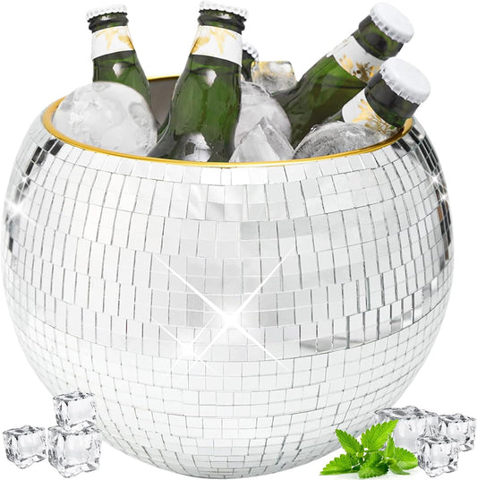 Bertork 9.8 Inch Disco Ball Ice Bucket - Mirror Silver Decor for Cocktail Bar, Retro Party Accessories, Cooler for Wine, Beer, Champagne