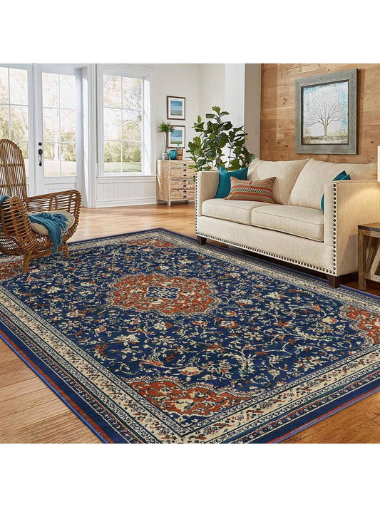 Qeetex Area Rug, Traditional Oriental Medallion Distressed Design, Non-Shedding & Easy Care, Runner Carpet Ideal For Indoor Entrance, Bedroom, Living Room, Kitchen, Navy Blue & Orange