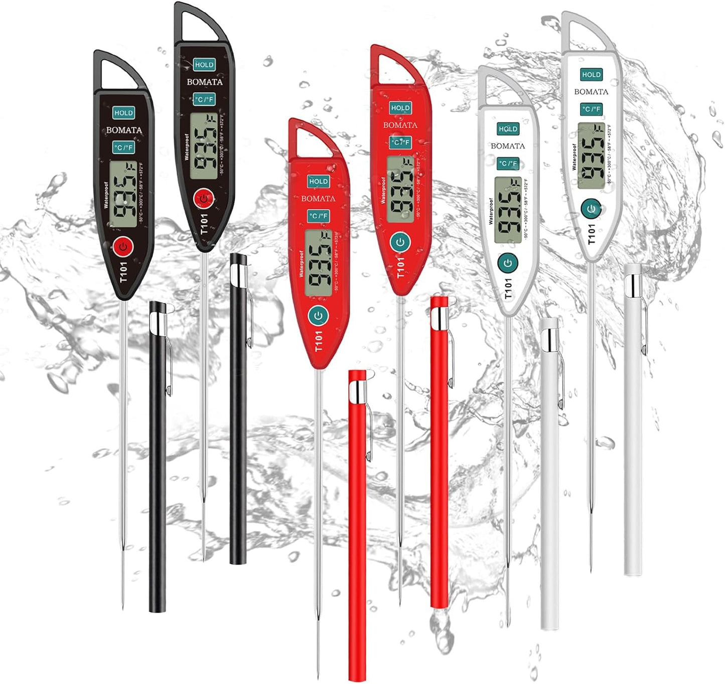 BOMATA 6 Pack Waterproof IPX7 Meat Thermometer Instant Read Food Thermometer with Long Probe for Water, Liquid, Kitchen Cooking, Grill,BBQ ! T101 X 6 Pcs (Black & Red & White)\u2026