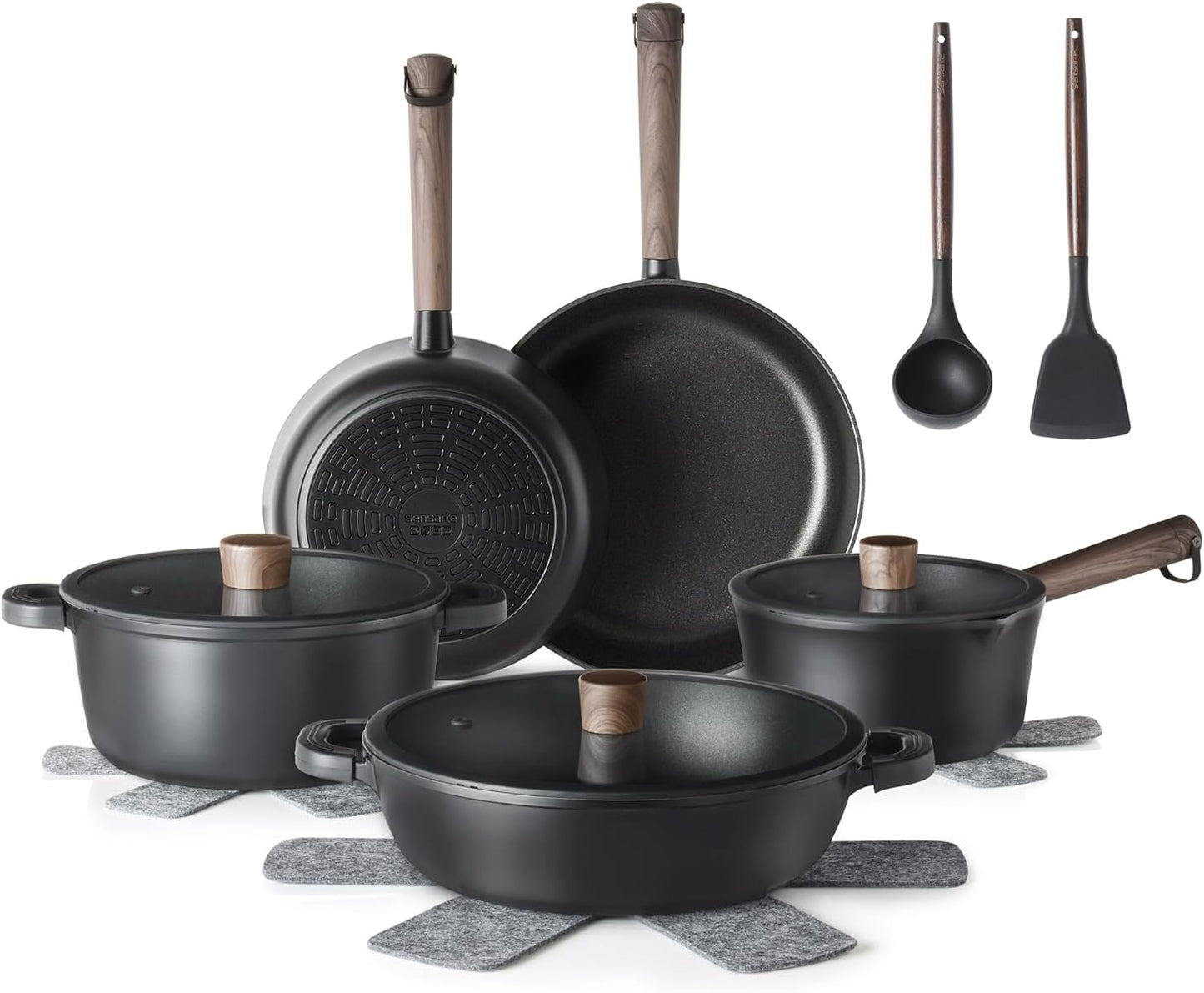 SENSARTE Nonstick Cookware Set Pots and Pans Set Kitchen Non-stick Cooking Set, Dishwasher & Oven Safe, Induction Compatible, Free of Intentionally Added PFOA\/PFOS, 15pcs, Black