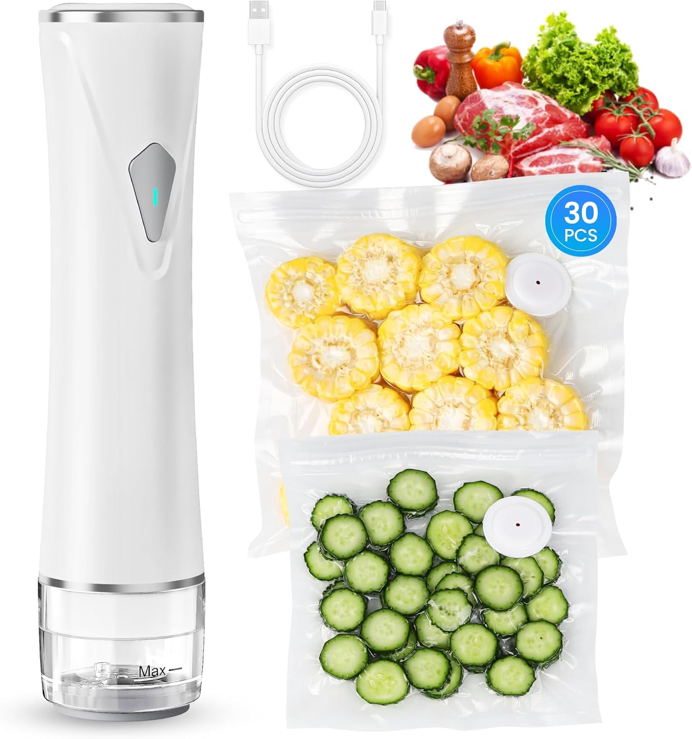Vacuum Sealer for Food with Visible Tank, Handheld Vacuum Sealer Machine with 30 Reusable Bags for 5X Longer Freshness, Wireless & Portable, White
