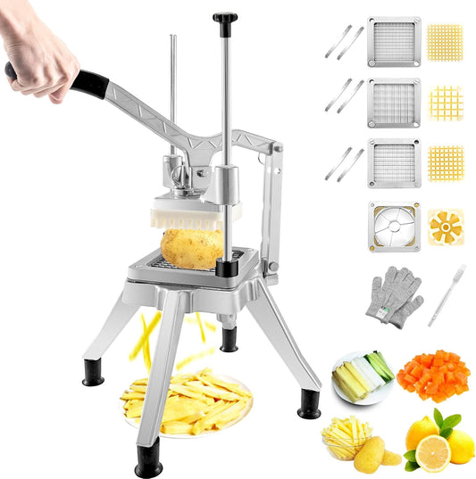 VEVOR Commercial Vegetable Chopper w\/ 4 Replacement Blades, Stainless Steel French Fry Cutter Potato Dicer & Fruit Slicer for Restaurants & Home Kitchen