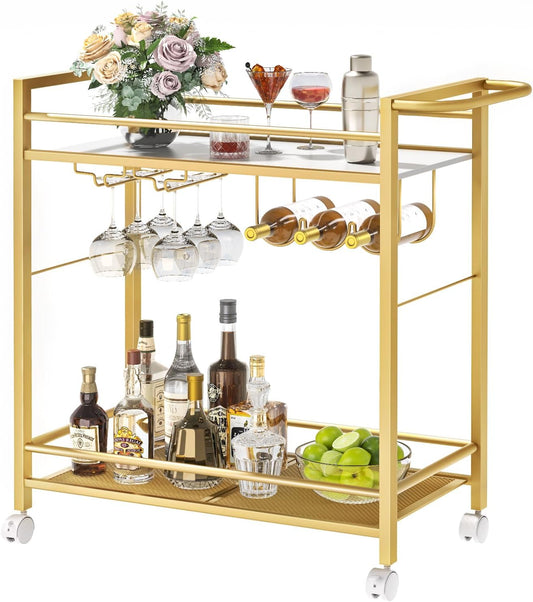 Bar Cart,Home Bar Serving Cart with Storage Shelves, 2 Tier Rolling Beverage Cart with Wheels, Modern Flowing Gold Wine Cart with Wine Rack and Glass Holder for Kitchen, Dinning Room,Living Room
