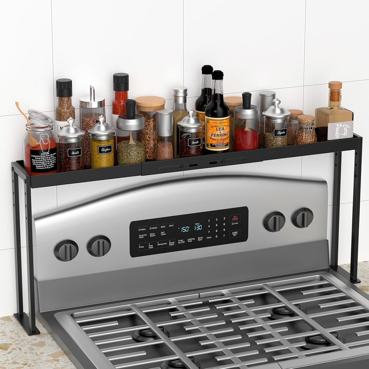 ZDDLOINP Spice Rack Shelf for Kitchen Stove, Adjustable 27 to 33 Inch Spice Rack Organizer, 4 Level Adjustable Height Stove Top Shelf for Kitchen, Over the Stove Shelf for Curved Stove, Black