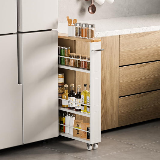 KLM 4 Tier White Slim Storage Cart with Handle, Slide Out Storage Rolling Utility Cart for Kitchen, Laundry, Narrow Places