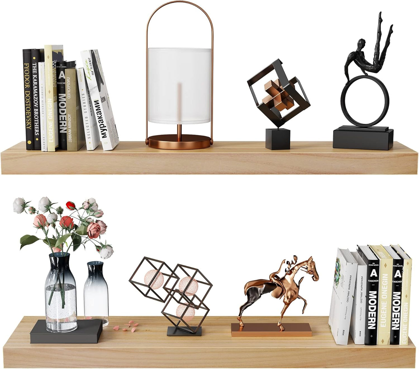 Habudda Floating Shelves for Wall, Bathroom Bedroom Kitchen Book Shelf, Rustic Wooden Home Decor Plant Display, Varnished Natural Solid Wood, Mounted Invisible Bracket, 30" Set of 2