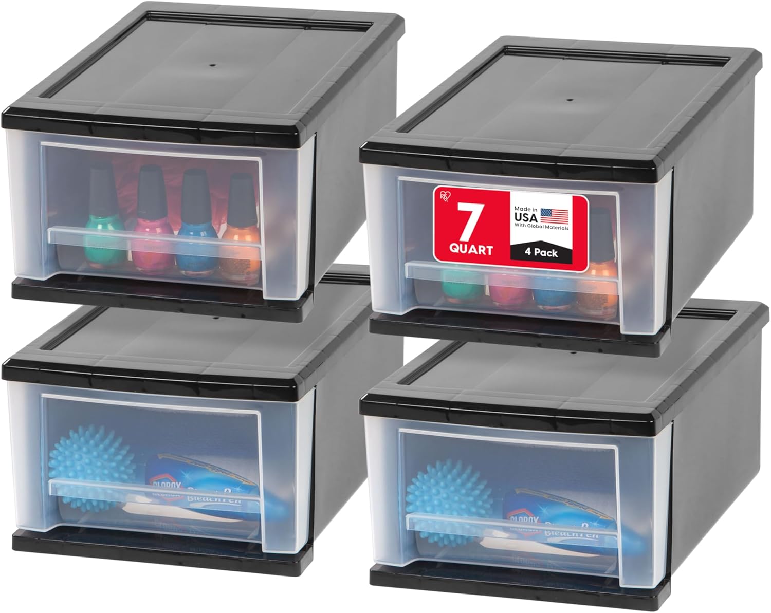 IRIS USA Plastic Stacking, Storage Organizer Unit with Sliding Drawer for Clothes Bedroom Kitchen Under Sink Pantry Craft Room Bathroom Dorm Office, 7 Qt. - 4 Pack, Black