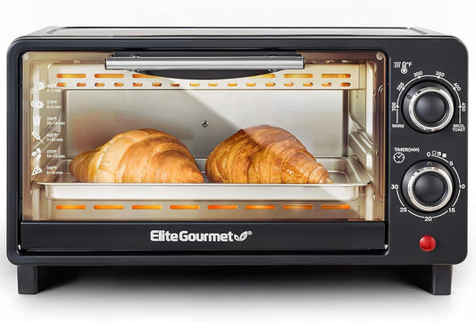 Elite Gourmet ETO490 9L\/4 Slice Countertop Toaster Oven with 30-Minute Timer, Adjustable Temperature Control, Includes Baking Pan and Wire Rack, Bake, Broil, Toast, Black