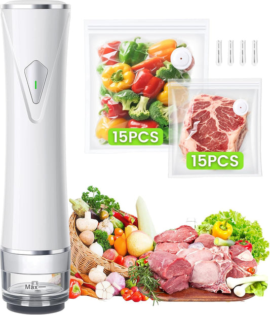Vacuum Sealer for Food (Powerful Vacuum Sealer + 30 Reusable Vacuum Bags), Automatic Handheld Vacuum Sealer Machine Compact Protable Food Sealer 5X Preservation & Fres