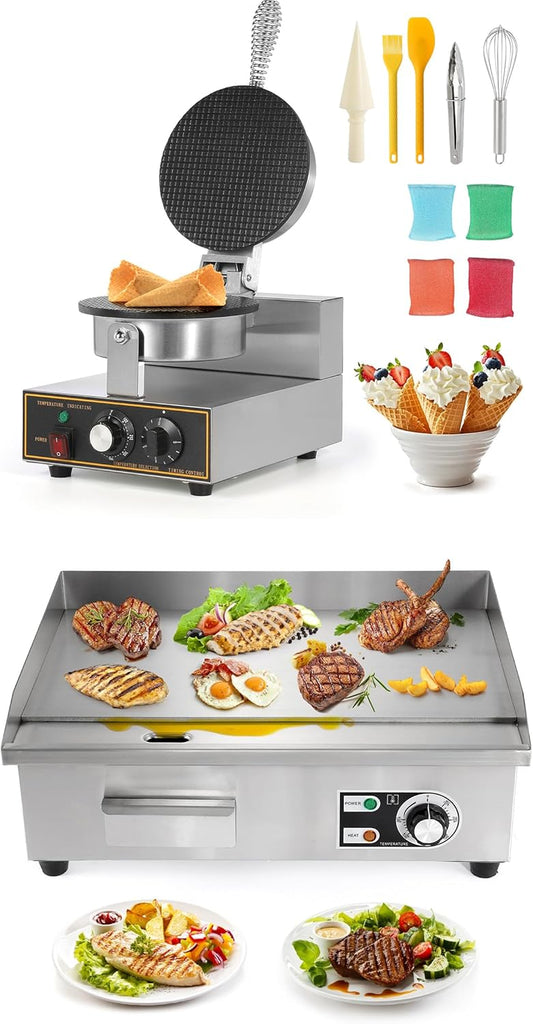 Dyna-Living 1200W Waffle Cone Maker & 3000W Commercial Electric Griddle 22''