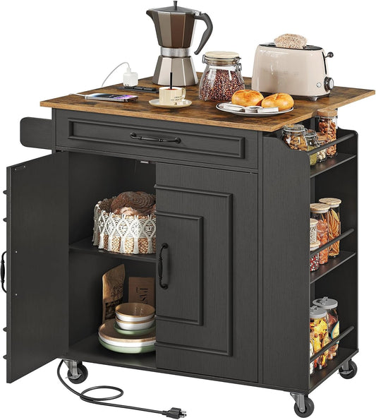 RALGEND Kitchen Island with Power Outlets & Drop Leaf, Rolling Kitchen Cart on Wheels, Kitchen Storage Island with Spice Rack and Drawer for Kitchen, Dinning Room, Black and Rustic Brown