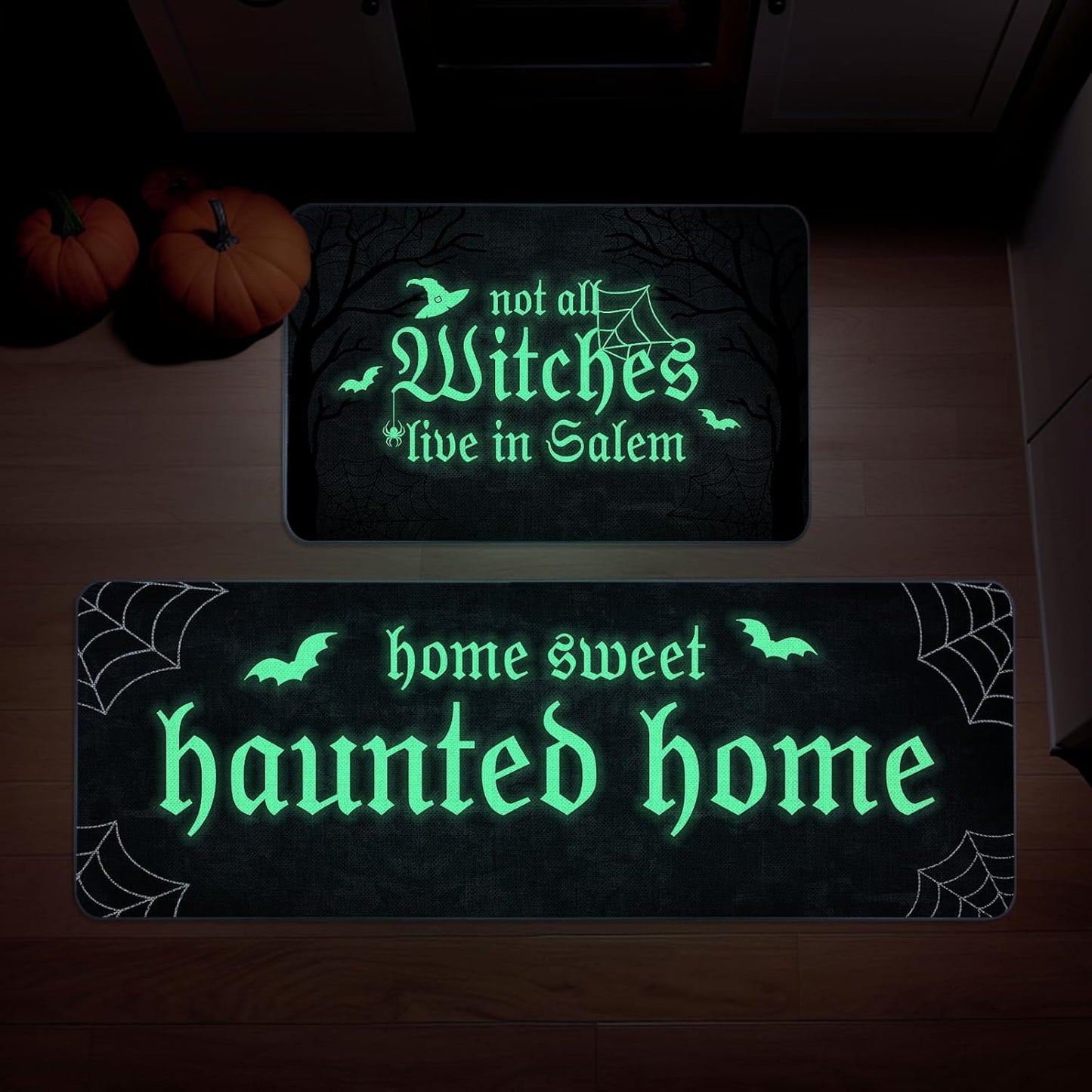 Halloween Kitchen Mat Set of 2 Not All Witches Live in Salem Decorative Glow in The Dark Kitchen Rugs, Luminous Party Home Floor Mats for Indoor Outdoor Decorations-17x27 and 17x47 Inch