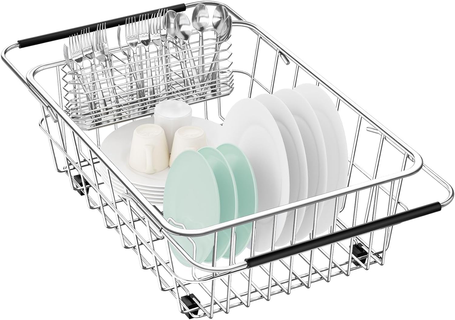 Fanbsy Large Dish Drainer Rack in Sink Adjustable, Expandable 304 Stainless Steel Metal Dish Drying Rack Organizer with Stainless Steel Utensil Holder Over Inside Sink Counter, Rustproof