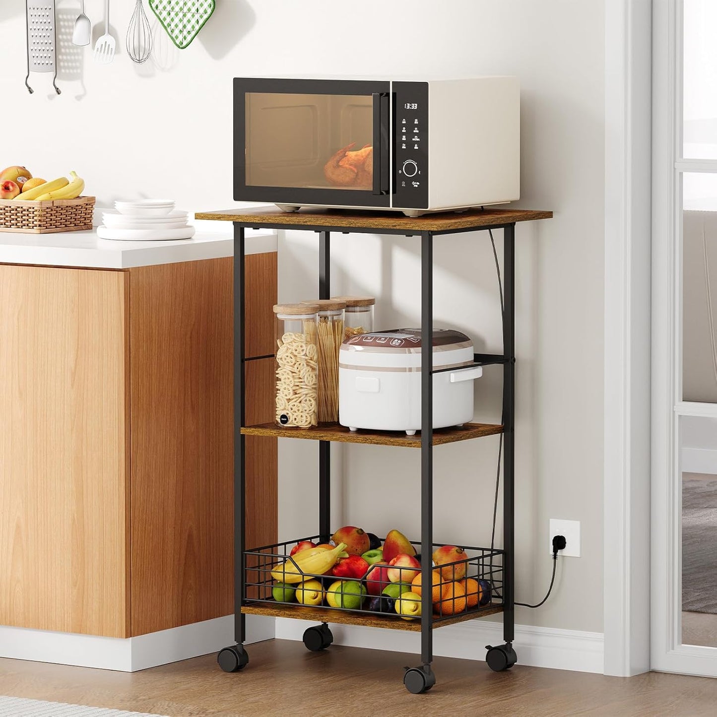 Microwave Cart with Storage, 3-Tier Rolling Kitchen Stand with Wire Basket, Wood and Metal Utility Cart on Wheels, Coffee Bar Station, Small Baker\u2019s Rack As Kitchen Island, Microwave Shelf Organizer