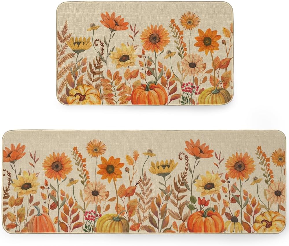 ARKENY Pumpkin Sunflower Fall Kitchen Mats Set of 2, Autumn Kitchen Mats for Floor,Thanksgiving Non Skid Washable Kitchen Rugs and Mat - 17x29 and 17x47 Inch-AKM078