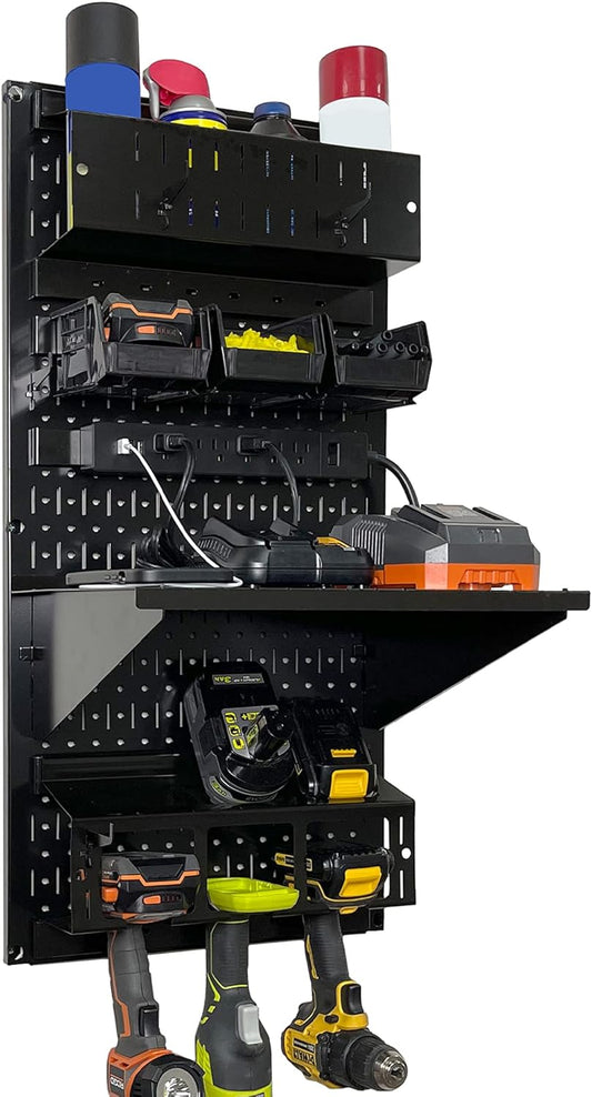 Wall Control Power Tool Storage Organizer Kit Cordless Drill Holder Charging Station Rack 16\u201D x 32\u201D Metal Pegboard Organization System (Black Pegboard)