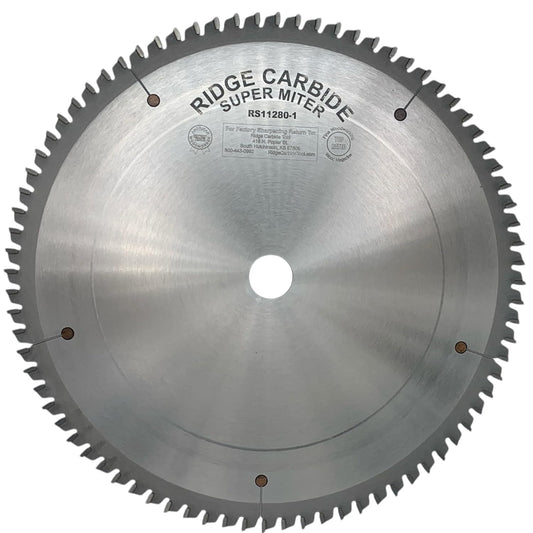 Ridge Carbide 12" 80T,Super Miter Saw Blade, Alternate Raker Grind (4+1),-2° Hook, 1" Bore, Plate Thickness .095", Full Kerf (0.125") for Cutting Wood and Sheet Goods