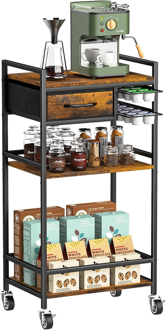 Housolution 4-Tier Coffee Bar Cart with Storage, 33" H Coffee Station Cabinet with Pod Drawers for Nespresso Vertuo, Mini Toaster Oven Stand Table for Home, Kitchen, Living Room (Rustic Brown)