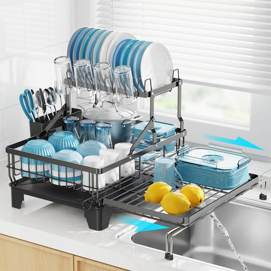 GSlife Large Dish Drying Rack - Extendable 2-in-1 Dish Racks for Kitchen Counter or Over Sink, 2 Tier Dish Drainer with Drainboard, Cups Holder and Utensil Holder, Black