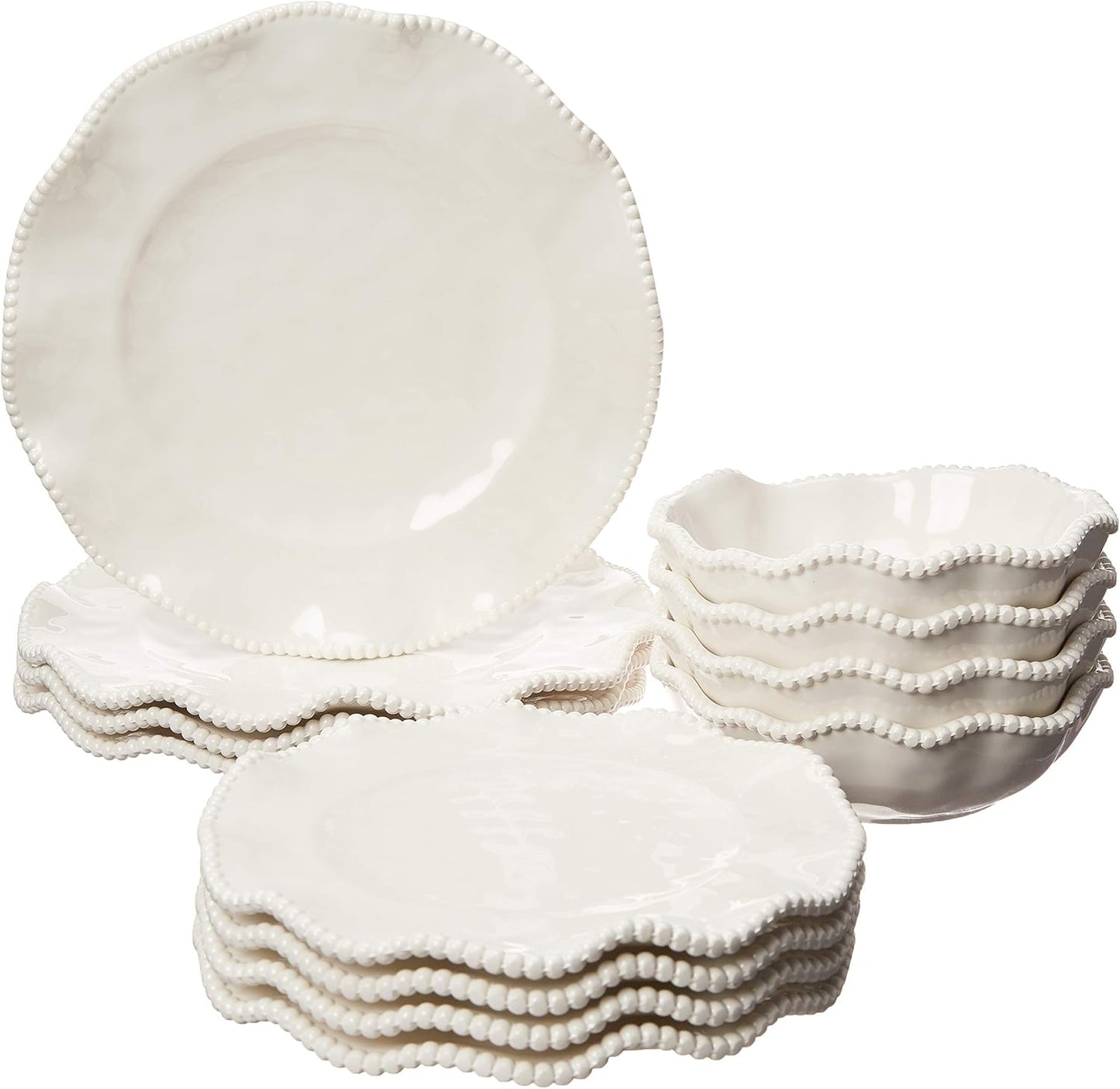 Perlette Cream Beaded 12-Piece Dinnerware Set – Includes 4 Dinner Plates, 4 Salad Plates, 4 Bowls (7.5" x 2", 22 oz) – Elegant Unbreakable Melamine, Heavyweight, Perfect for Indoor/Outdoor Dining