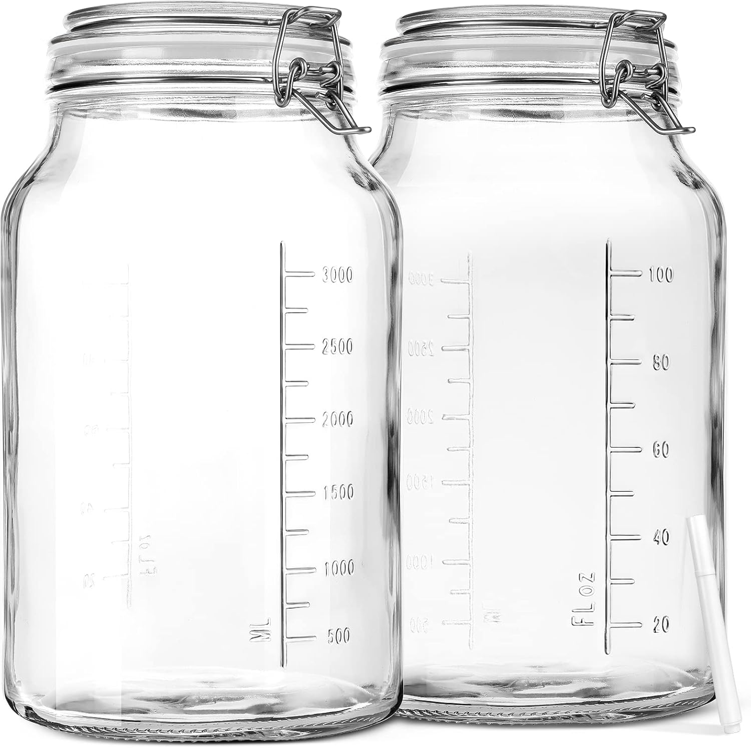 1 Gallon Super Wide Mouth Glass Storage Jars with Airtight Lids and 2 Measurement Marks, Leak Proof Glass Container with Hinged Lids, Large Pickle Jars with Labels and Silicone Gasket, 2 Pack