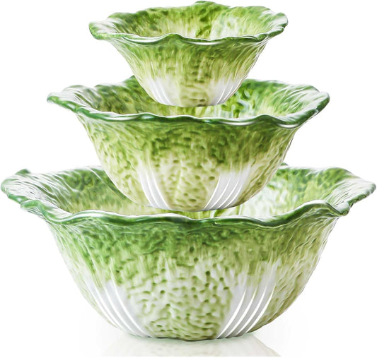 KXZ Green Cabbage Serving Bowl Set of 3 for Kitchen - Extra Large 60oz, 16oz, 5oz Nesting Mixing Bowls, Porcelain Dishes for Salad, Entertaining, Fruit, Vintage, Decorative, Ceramic Pho Soup Tureen