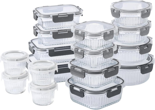 COOK WITH COLOR Premium 32-Pc. Borosilicate Glass Food Container Set with Dividers - 4 Rectangles, 8 Rounds, 4 Squares - Leakproof Lids - Meal Prep, Storage, Fluted Ombre Grey