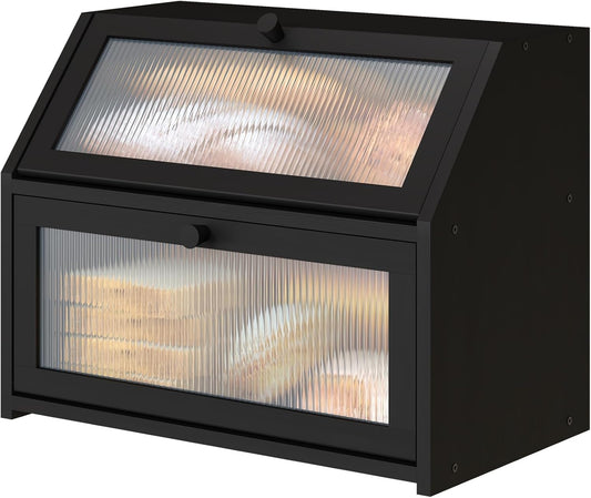 Vriccc Black Bread Box for Kitchen Counter, Large Bamboo Wood Double Layer Bread Box, Wooden Bread Storage Capacity