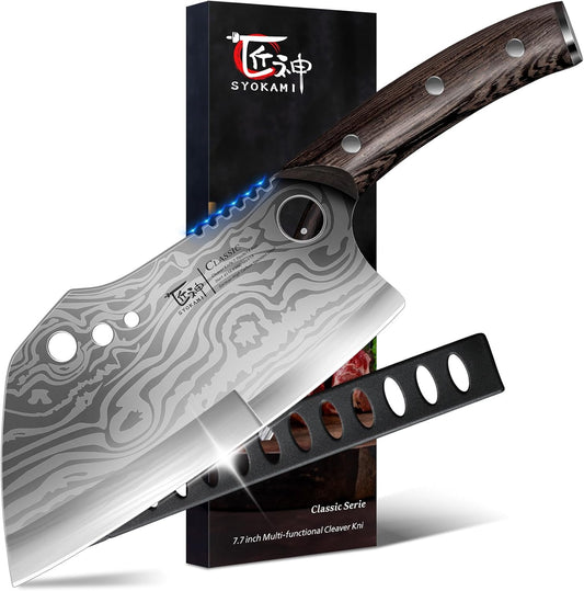 SYOKAMI Meat Cleaver Chef Knife with Sheath, 7.7 Inch Butcher Knife with Herb Stripper, Chopping Knife Heavy Duty Bone Cutting, Damascus Pattern Full Tang Wood Handle, Birthday Gift for Men