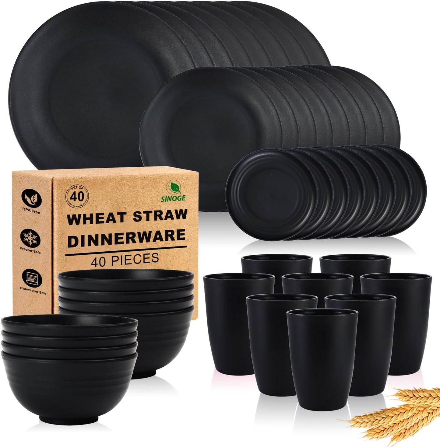 SINOGE Wheat Straw Dinnerware Sets 40 PCS | Unbreakable Plates and Bowls Set, Reusable Drinking Cup | Service for 8 - Dishwasher and Microwave Safe Dinner Dishes Sets for Kitchen, RV - Black Feast