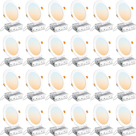 DLLT LED Recessed Ceiling Light: 24 Pack 6 Inch Slim Recessed Lighting for Kitchen - 5CCT Dimmable Canless Wafer Downlight for Living Room - 725LM Brightness 12W 120V Can Lights for Bedroom ETL FCC