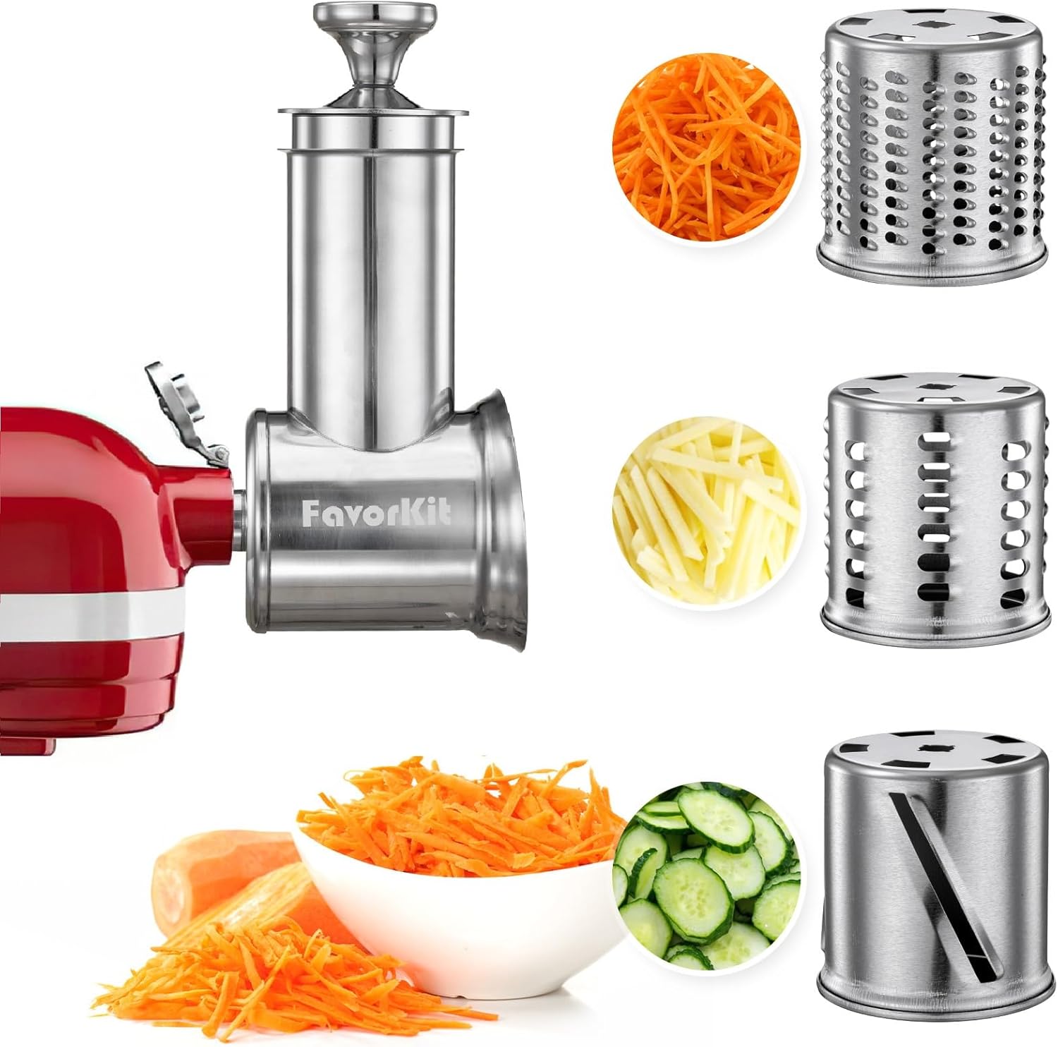 Slicer Shredder Attachment for KitchenAid Mixers, Stainless Steel Cheese Grater Salad Maker Accessories with 3 Cutting Blades,Dishwasher Safe!