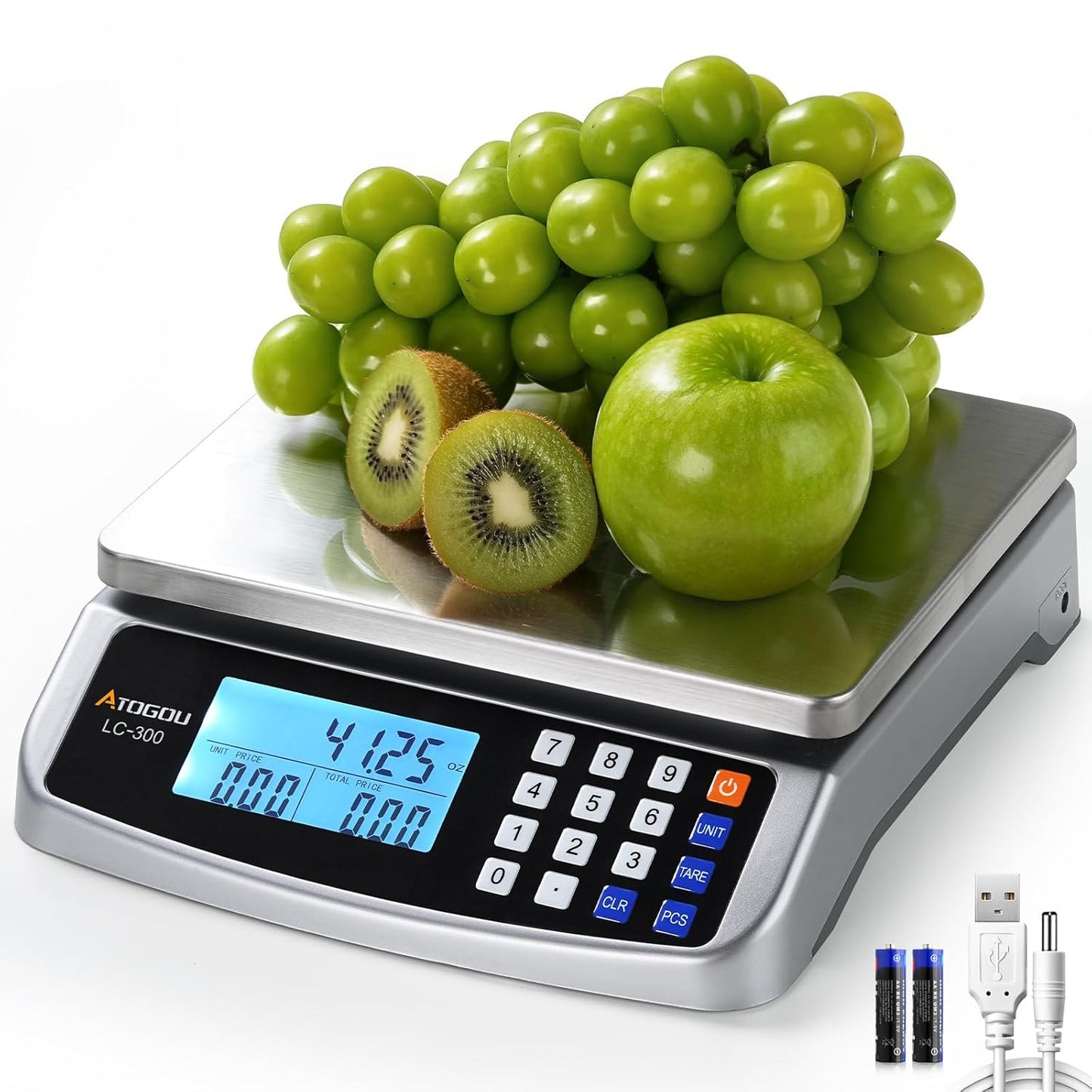 110lb Food Scale, Commercial Kitchen Scale with Price Computing, Plug-in Usable, 0.05oz\/1g, 304 Stainless Steel, for Cooking, Vegetables, Farm, Industry, Counting. LC300 Silver