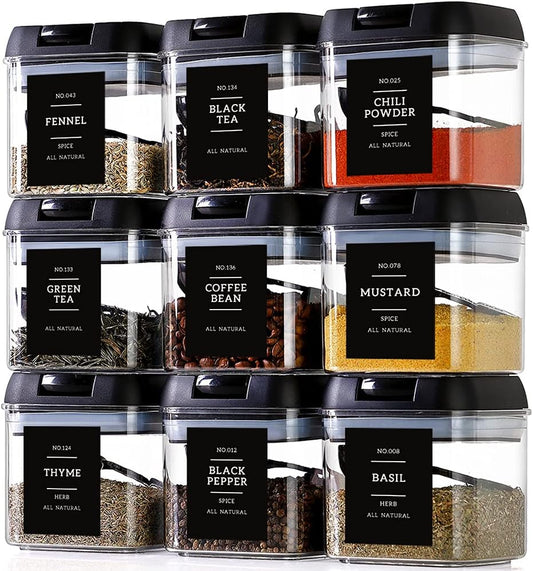 Spice Containers with Labels, 9 Pcs 16 Fl Oz Large Plastic Tea Storage Containers with 148 Spice Labels and 9 Spoons, Square Airtight Seasoning Containers Set with black Lids for Kitchen Pantry Coffee
