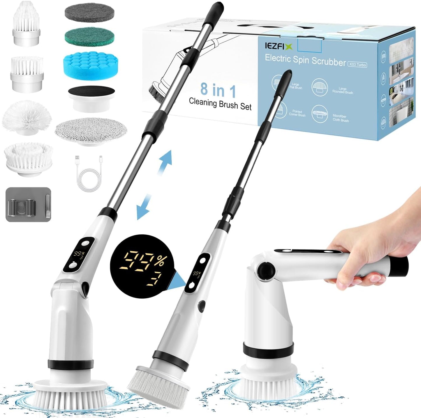 IEZFIX Electric Spin Scrubber, Bathroom Power Shower Scrubber Cleaning Brush for Tub\/Tile\/Floor\/Toilet\/Kitchen, 8 Cleaner Scrub Brush Heads, 3 Speeds 450RPM Max, Telescopic Rod Black