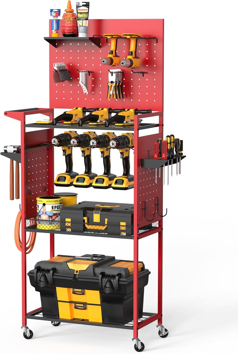 LimeHill Garage Power Tools Organizer Cart with Pegboard, Large Floor Standing Rolling Drill and Tools Battery Storage Cart on Wheels, Utility Rack Gift for Men, Husband, Father