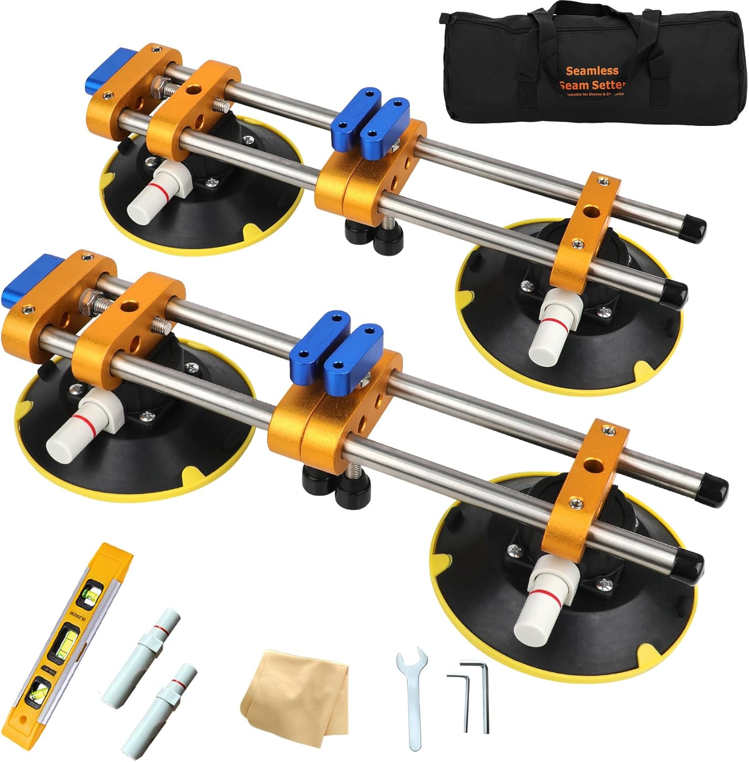 Upgrade 2 Pack Seamless Seam Setter with 6 inch Vacuum Suction Cups, Granite Seam Setter for Countertop Joining & Leveling, Seam Joiner for Stone (With Replacement Air Pump+Tool Bag+Torpedo Level）
