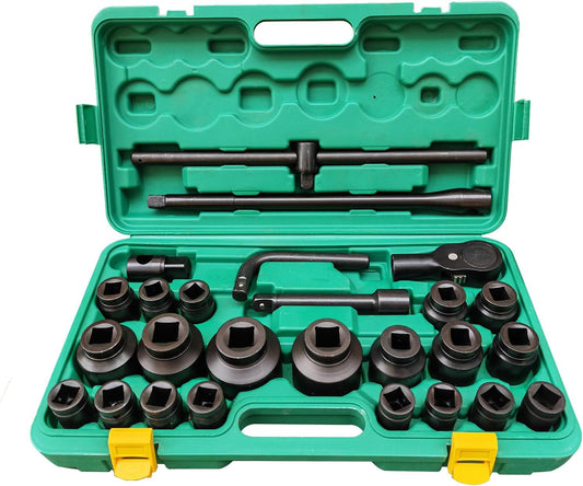 3/4" and 1" Impact Socket Set, 6 Point Metric Drive Socket Sets 21-50 mm and 55-65 mm, 26PCS Cr-V Heavy Duty Socket Set with Adapter, Ratchet Wrench, Extension Bar and Dedicated Case