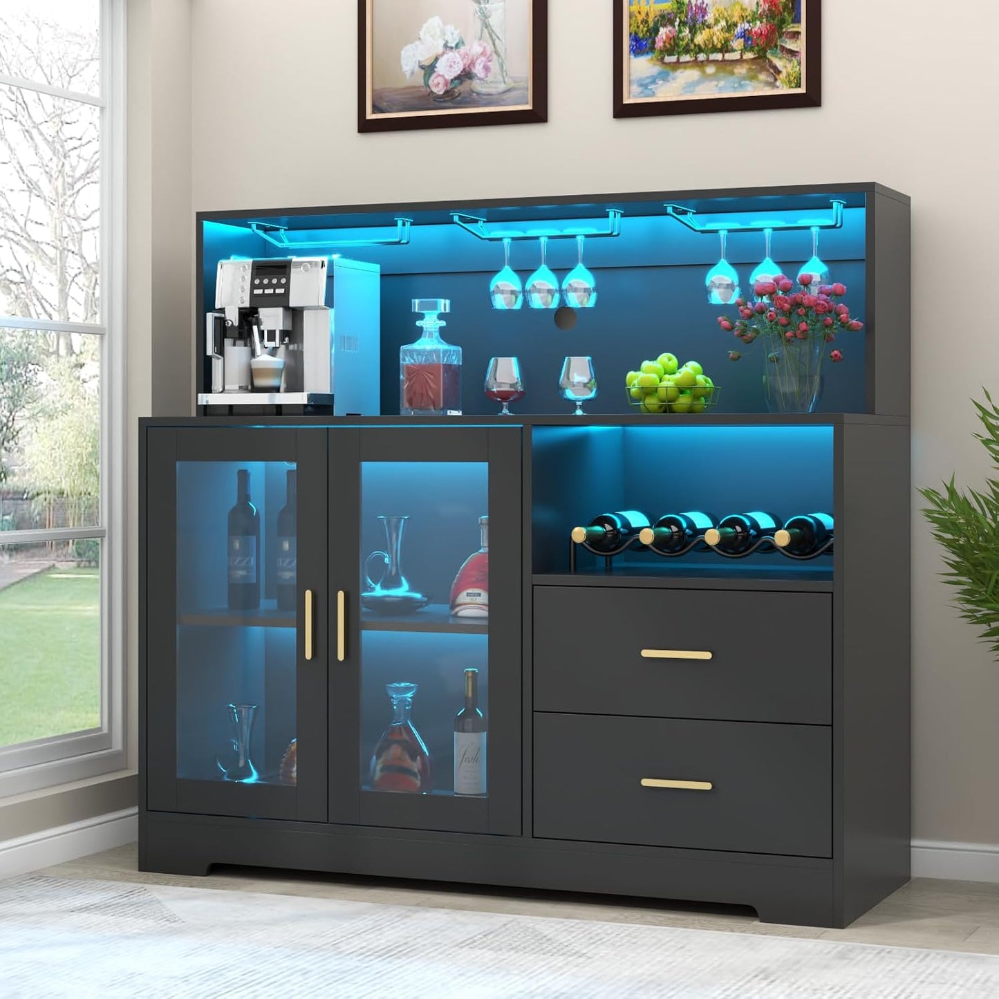 Bar Cabinet for Home with LED Light, Coffee Bar Cabinet with Wine & Glass Rack, Wine Cabinets with Drawers & Microwave Stand, Modern Liquor Cabinets for Kitchen, Living Room, Dining Room (Black)