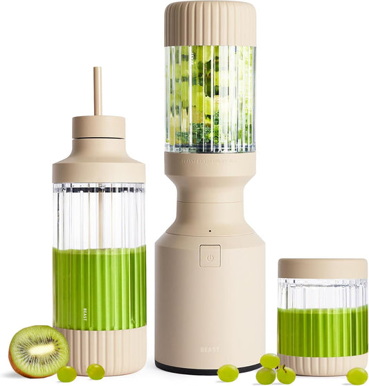 Beast Mighty 850 Plus | Premium Compact Personal Blender | Smoothies, Shakes, Dressings, Sauces | Blends Ice and Frozen Fruit | New XL Vessel | Extra Vessels, Lids and Straws | 850W (Sand)