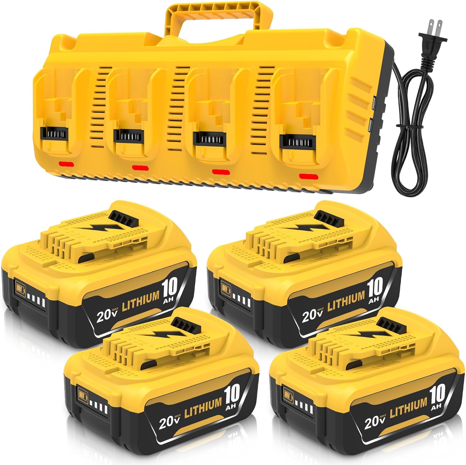4-Pack 10.0Ah 20 Volt Lithium ion DCB208 Battery and DCB104 Battery Charger Station Compatible with Dewalt 20V Max Batteries DCB207 DCB206 DCB204 DCB203 DCB200 DCB201 Cordless Power Tools(Yellow)