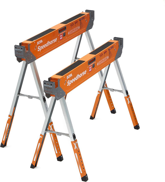 Bora Portamate Speedhorse XT Sawhorse Pair- Two pack, 30-36 inch height adjustable Legs, Metal Top for 2x4, Heavy Duty Pro Bench Saw Horse for Contractors, Carpenters - PM-4550T,Orange