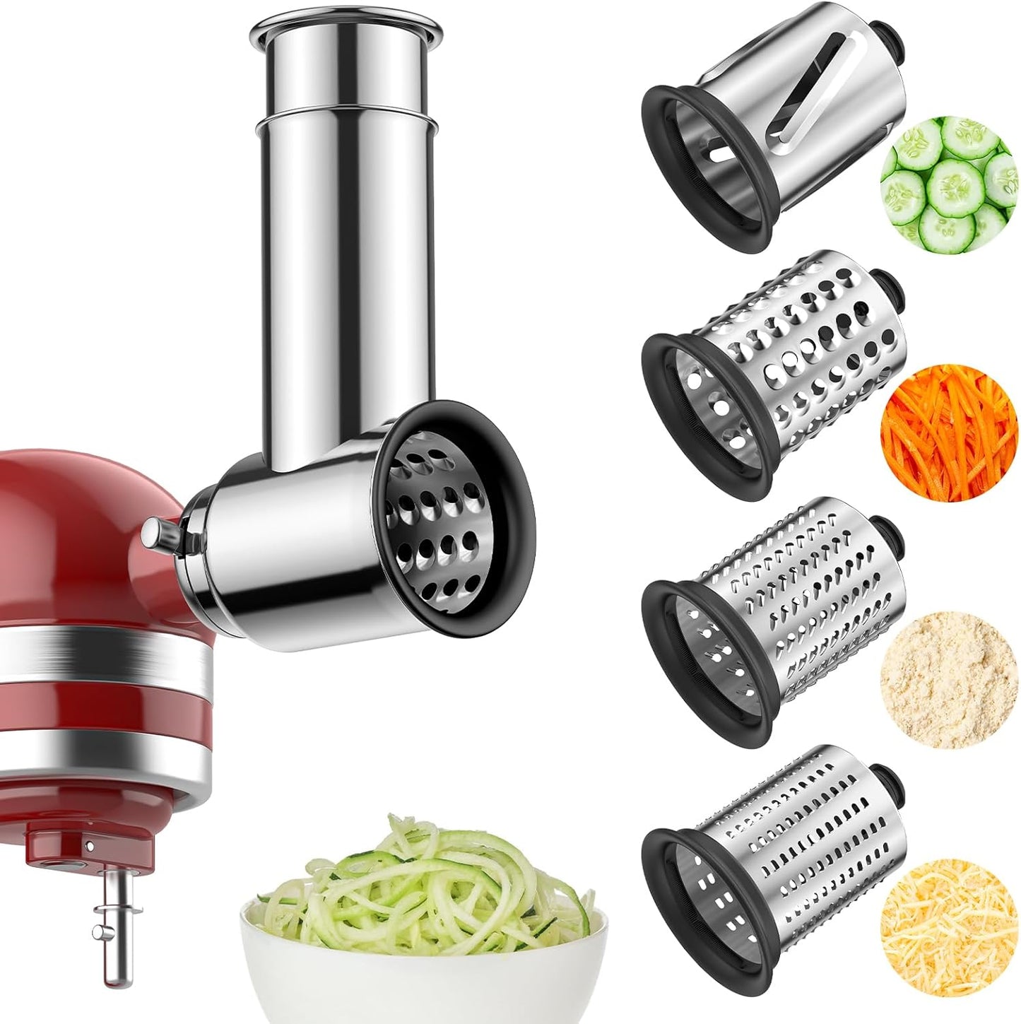 Stainless Steel Slicer Shredder Attachment for KitchenAid Stand Mixer,Includes Cheese Grater,Grinding Powder,Vegetable Slicer Shredder for Kitchenaid cheese grater attachments with 4 Blades by HOZODO