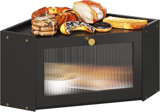 Trironsun Corner Bamboo Bread Box for Kitchen Counter Large Capacity Rustic Bread Storage Container with Wavy Arcylic Transparent Door Vintage Storage for Homemade Bread (Black)