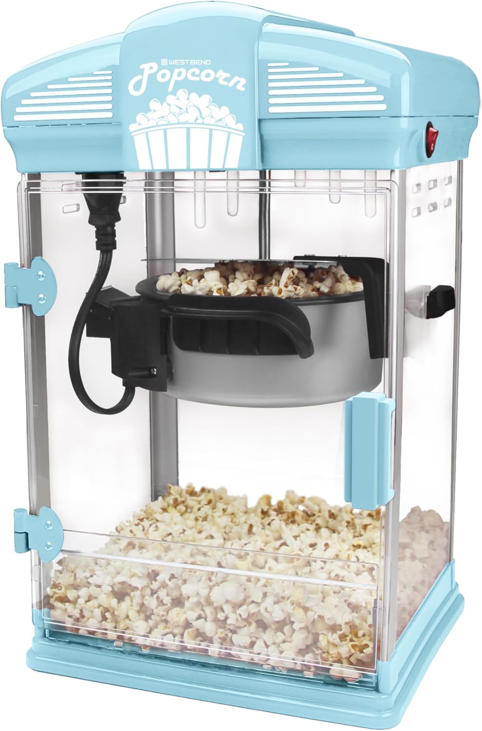 West Bend Stir Crazy Movie Theater Popcorn Popper, Gourmet Popcorn Maker Machine with Nonstick Popcorn Kettle, Measuring Tool and Popcorn Scoop for Popcorn Machine, 4 Qt., Blue