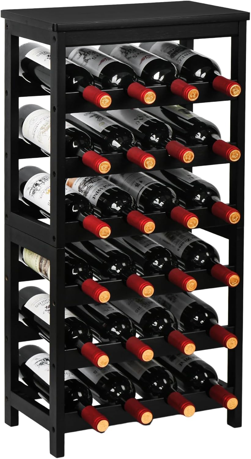 VASMIA Wine Rack Freestanding Floor, 6-Tier Display Wine Storage Shelves with Table Top, 24-Botttle Bamboo Wine Rack Shelf for Kitchen Bar Dining Room Living Room, Black