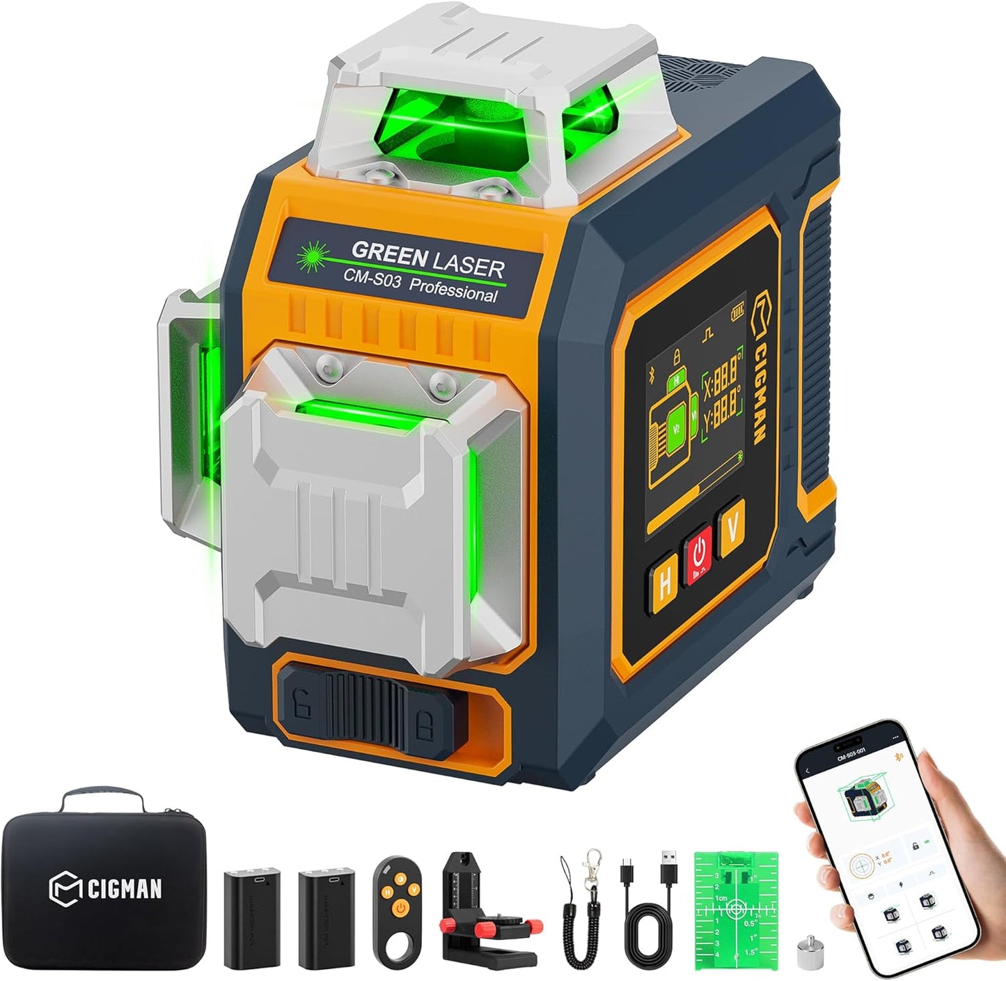 CIGMAN Green Laser Level, 3x360° Side LCD 12-Line Self-Leveling, Bluetooth App Remote, Pulse Mode for Receiver, ±1/8 in. at 33 ft Accuracy, 2x Li-ion (USB-C), 1/4-20 Mount, IP54, ABS Hard Case - S03