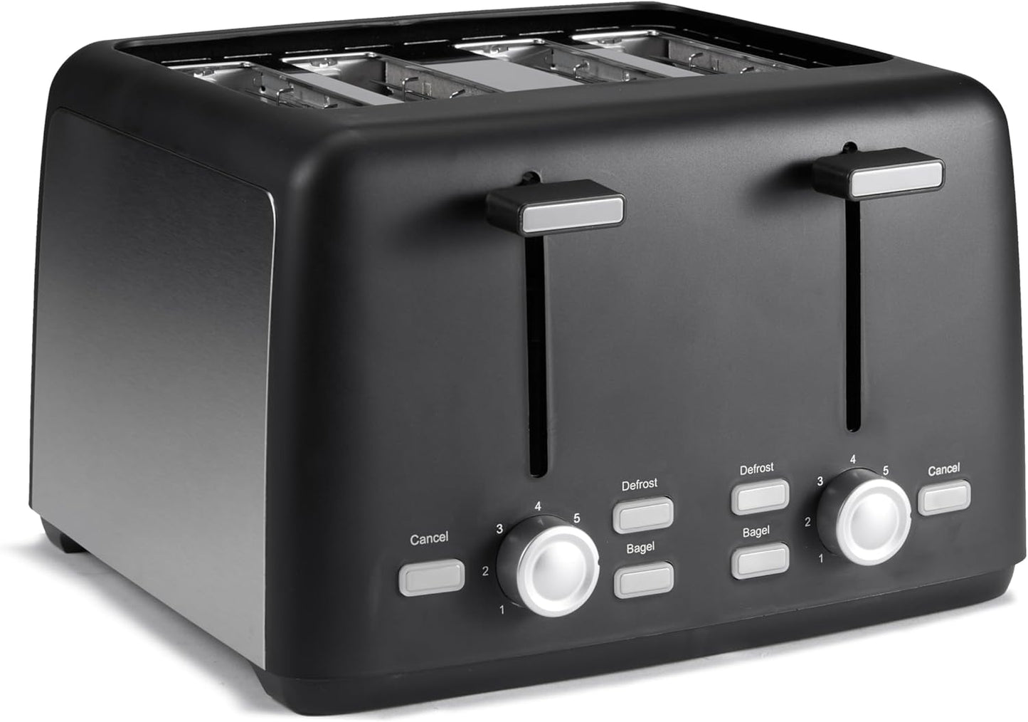 Amazon Basics 4 Slice Toaster, With 7 Browning Settings, Extra Wide Slots For Bagels and Special Breads, Removable Easy-to-Clean Crumb Trays, Cancel\/Defrost\/Bagel Buttons, 1500W, Black & Silver